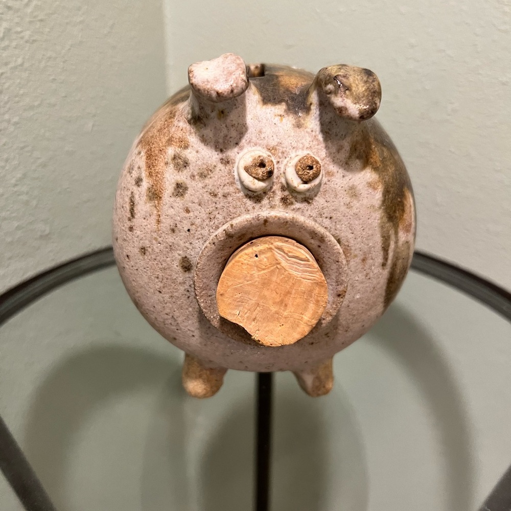 Ceramic Art Pottery Piggy Bank Brown Pig with A Cork Nose Vintage - Picture 1 of 6